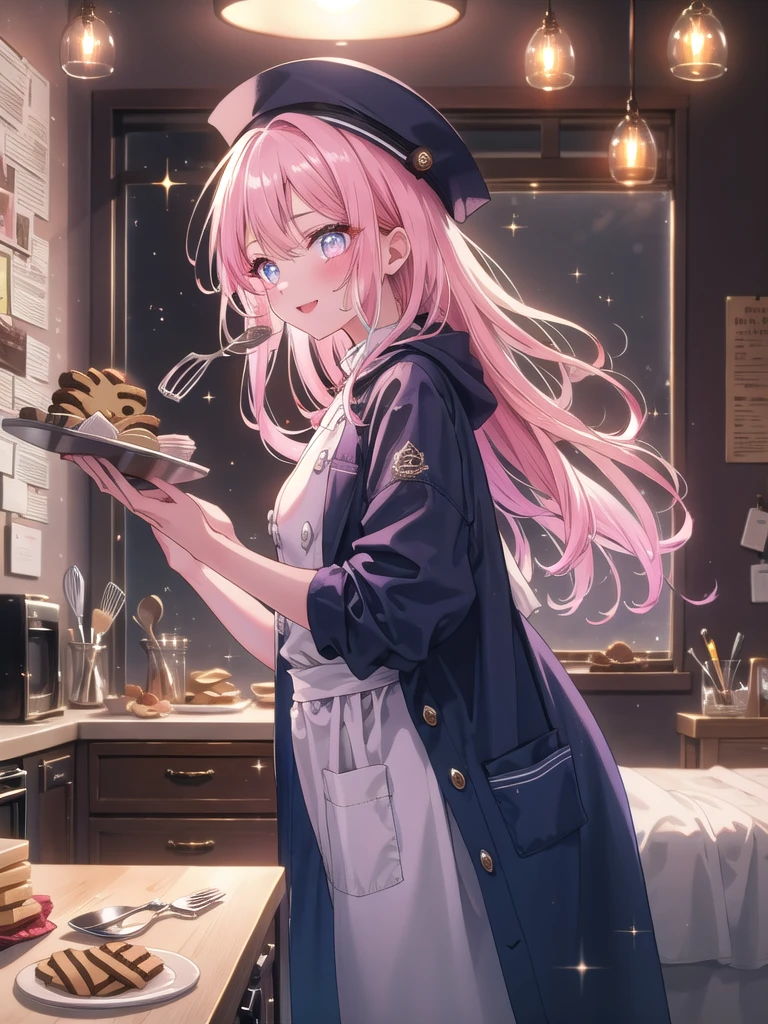 ((8k, Highest quality, masterpiece: 1.3)),Ultra-high resolution,(1 girl, alone), (Color changing eyes, Ultra-detailed, Expressive brilliance, Glitter, Glowing Eyes), Highly detailed eyes, Highly detailed face, Random Hair, ((pastel colour)),A beaming young woman with pastel pink hair styled into a messy bun, standing by her desk in her softly lit bedroom during a quiet evening. She is dressed in a sweet yet subtly sexy chef cosplay, wearing a white chef's coat, a pair of fitted pants, and a small chef's hat. The camera captures her from a side angle as she holds a whisk with a bright smile, her expression full of enthusiasm and creativity. The room is warmly lit by a desk lamp, with a few cookbooks on the desk, a small tray of cookies, and a cozy, culinary atmosphere,(nsfw:1.3)


