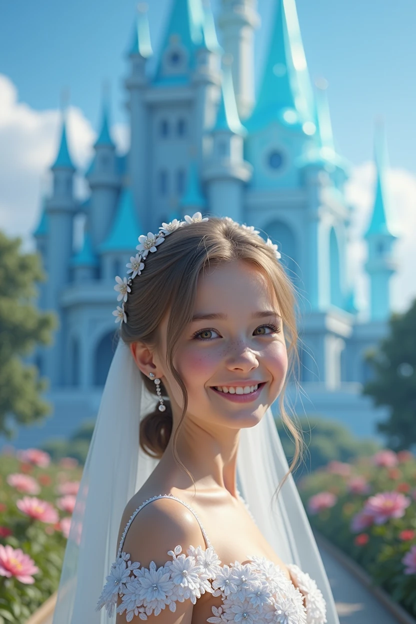 A young girl in a white wedding dress, the camera captures her beautiful smiling face in close-up, blue crystal palace surrounded by flowers and trees, blue sky and clouds, pink dreamy background, fantasy style, high resolution, photography, dreamy background, lighting shot, soft lighting, ultra detailed, surrealism, princess dress, super realistic image.4k,