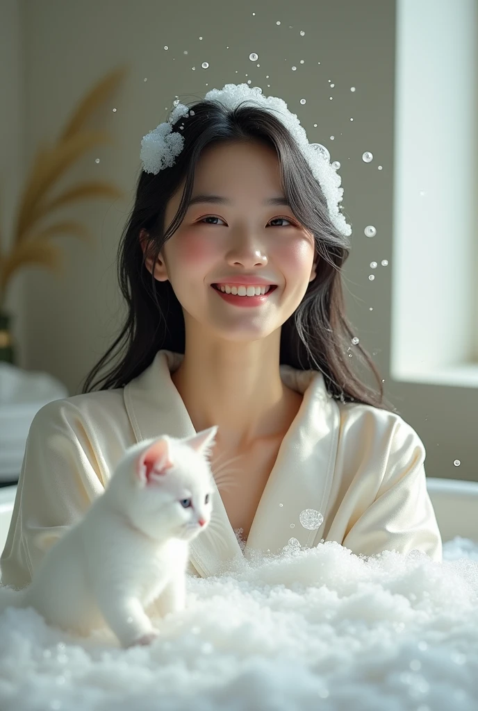 Create an Asian beauty with long hair,Regular facial features,Wearing a white satin bathrobe,Washing hair with both hands above the head,A cute white kitten next to it plays with the foam,Real bubbles,Foam envelops the beauty's entire head,Beautiful girl opens her eyes,The expression is happy,Upper Body,The characters are realistic and realistic,Bathroom Background,Character front position,9:16 frames,Ultra-high-definition picture quality