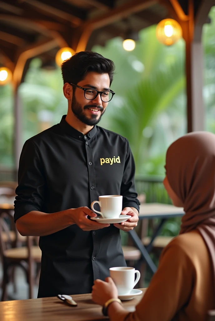 created a hensom man with a slightly medium body, glasses, Malay face,  27 year, very little short, thin, and neat beard and mustache. Barista shirt, he was a restaurant waiter who delivered a cup of warm coffee to are beautiful women hijab, glasses, sitting are chair and facing camera, The Barista Shirt making word Gold inscription "payid", the background is outside village cafe. the image is very detailed, super HD