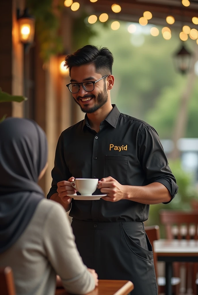 created a hensom man with a slightly medium body, glasses, Malay face,  27 year, very little short, thin, and neat beard and mustache. Barista shirt, he was a restaurant waiter who delivered a cup of warm coffee to are beautiful women hijab, glasses, sitting are chair and facing camera, The Barista Shirt making word Gold inscription "payid", the background is outside village cafe. the image is very detailed, super HD