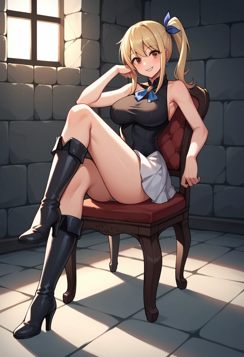 score_9, score_8_up, score_7_up, score_6_up, score_5_up, score_4_up, source_anime, 1girl , sit, chair, masterpiece, best quality, highres, lucy heartfilia, full body, smile, blonde hair, brown eyes, long hair, side ponytail, blue ribbon, large breasts, earrings, black dress, thighhigh boots, croosed legs, heels, sleeveless shirt, white skirt, dungeon, best quality, best res, 4K UHD,