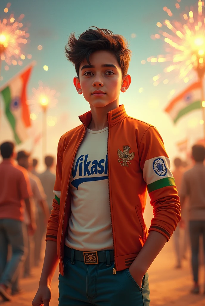 Ek teen age boy ka image banao jo achcha kapda pahna rahe aur us par vikash likha ho aur independence day wala background jaisa ho