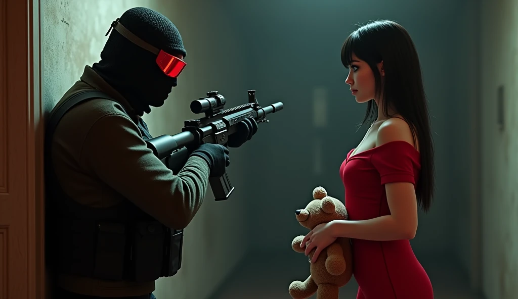 F.E.A.R. operative wearing black tactical balaclava and red googles points with assault rifle at with tall black hair and red dress holding plush bear. She is standing 2m away from him and her eyes are black. Her height is short and his height is tall. Make it in creepy horror style.