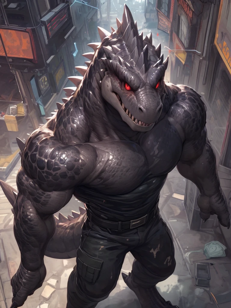 solo, anthro, furry male, T-Rex, (Spiny scales, scales, detailed muscles), (T-Rex print), black scales, white belly, spiny scales, standing up, bodyguard outfit, black claws, red eyes, slit eyes, slim fit, muscular slim, cyber street, street, crazed look, menacing, raging, angry, detailed eyes, pecs, hind legs, tail, long tail, looking away, (Masterpiece, by null-ghost, hi-res, 8k), tight black shirt, black camo pants, face sideways, leaning forward, oil stain, black military outfit, seen from above, upward pov,