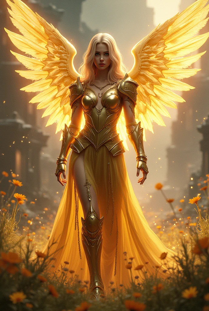 fighter,Gold Saints,Knights of the Zodiac,war effect,REAL - style image of a woman in a field, cyberpunk art inspired by Leng Mei, cgsociety contest winner, fantasy art, beautiful Mistresses angel girl, angel knight girl, as a mystical valkyrie, battle Knights of the Zodiac, Saints in sexy gold bondage armor, mechanized valkyrie girl, unreal engine 4k wallpaper, wraith from apex legends, epic divine angel wings