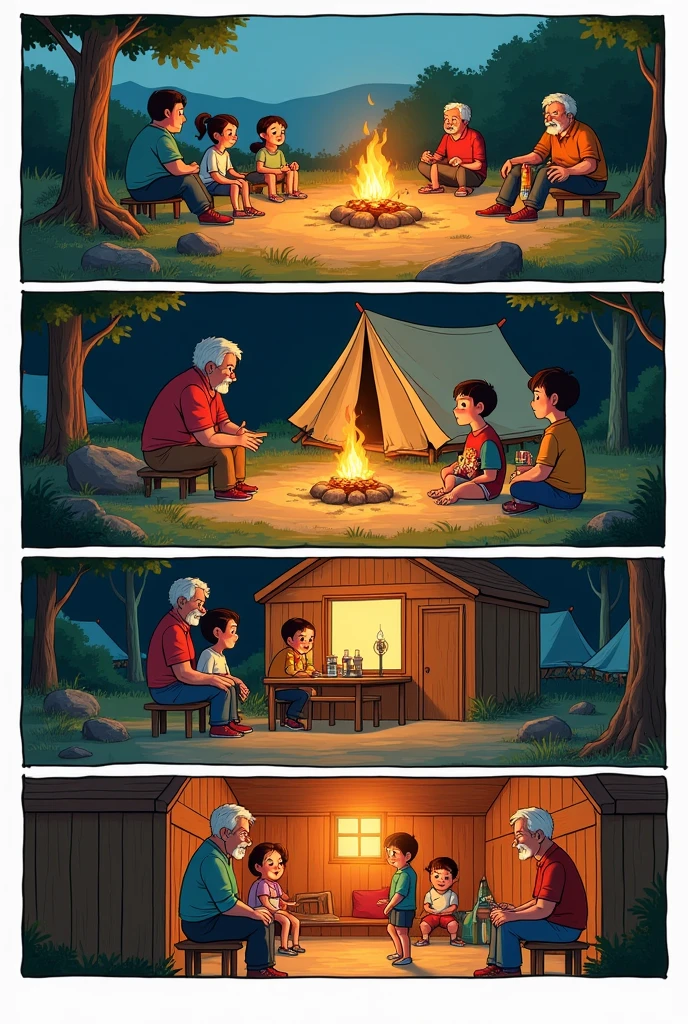 Give me a picture of a comic and have a 5 panels
In the first panel is there was a family reunion camping and in the middle was the campfire and in the second panel theres three brothers and sisters gathered and they talking in the middle of the campfire and the third panel Their grandfather and grandmother let them inside the hut and on the fourth panel they enter the hut where they stay inside