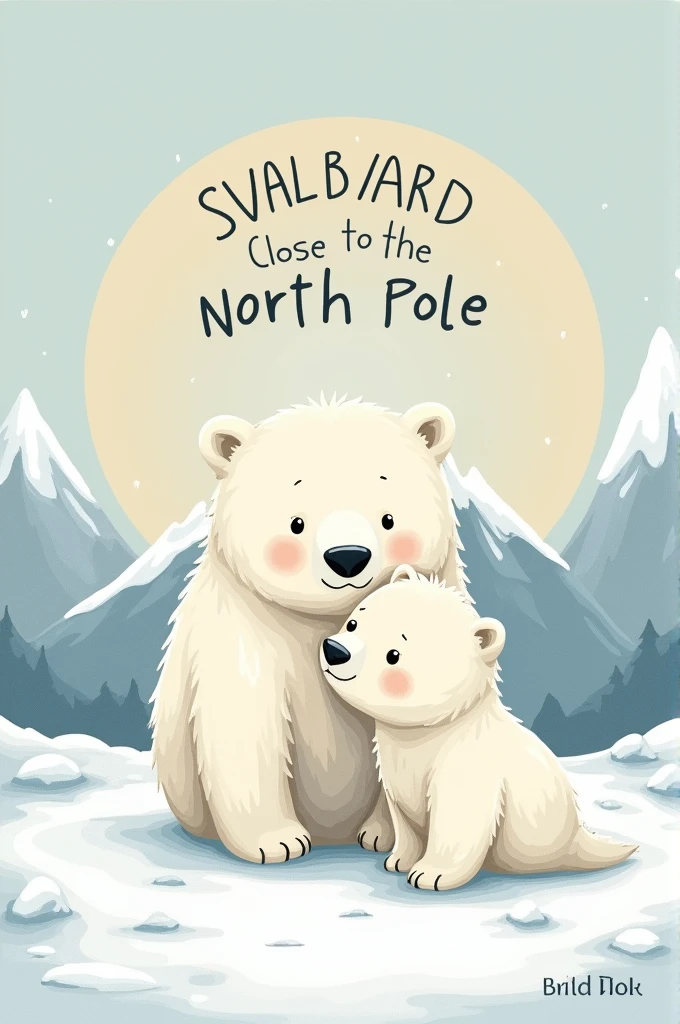 A polar bear and her cub walking on a snow-covered mountain, with the text "Svalbard Close to the North Pole" in a circle around them, a sense of peace and tranquility, [vector illustration, cartoon style], [similar to the style of a children's book .jpg 