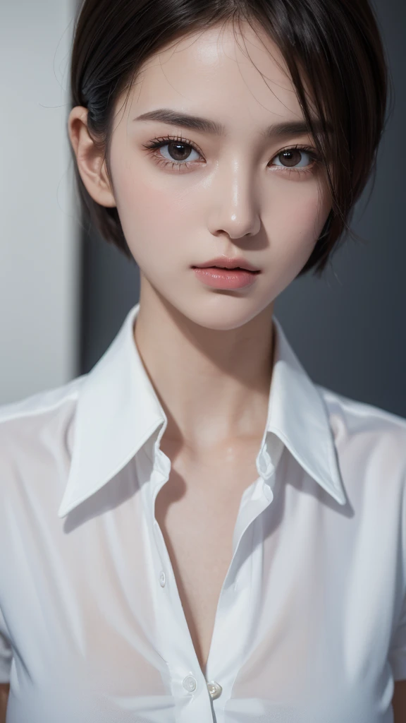 (8k),(RAW Photos),(Highest quality),(masterpiece:1.2),(One woman),(Super beautiful face),(Super detailed),(Slender body),Realistic skin luster,Collared shirt,Very Short Hair,close_up,room
