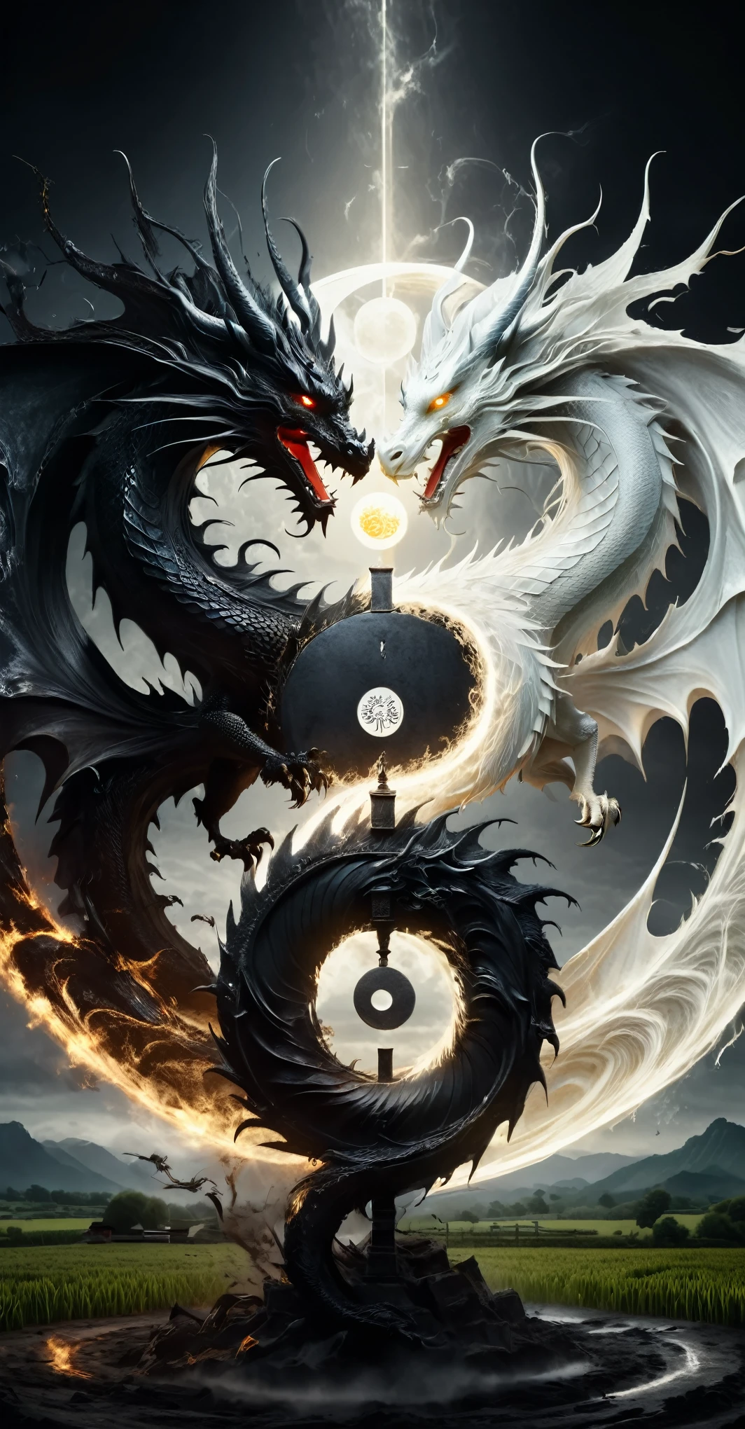 wabstyle Natural Order style,A dragon standing in front of a farm，It summons a glowing yin-yang symbol in front of it,Special effect,Very detailed,Ultra-high resolution,32k UHD,best quality,The left half of the masterpiece radiates a pure holy light, While the right half is shrouded in demonic shadows