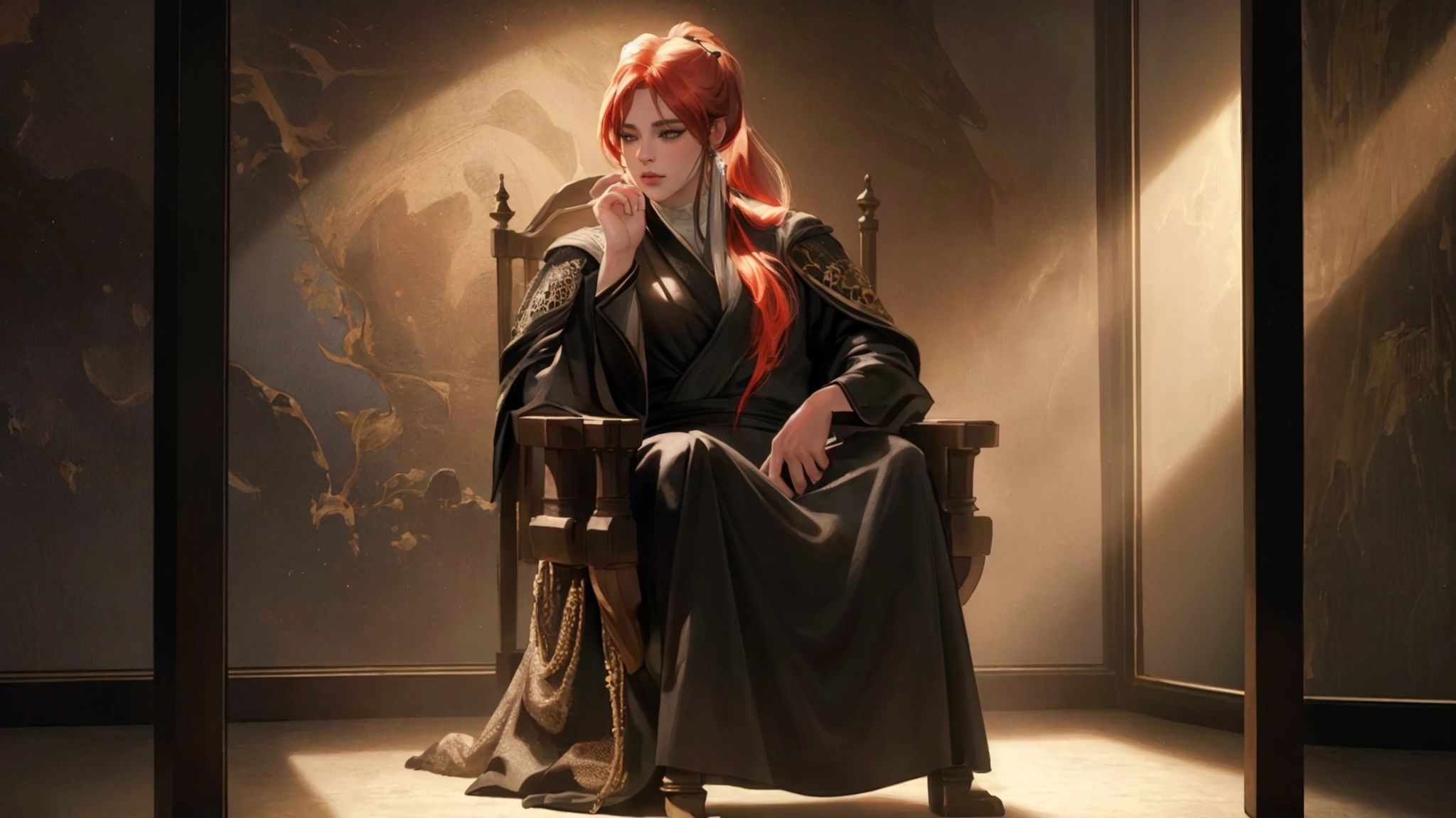 A man with long yellow hair in a black ancient costume, a woman with red hair in a ponytail sitting on a throne
(best quality,4k,8k,highres,masterpiece:1.2),ultra-detailed,(realistic,photorealistic,photo-realistic:1.37),highly detailed face and body, beautiful eyes, beautiful lips, detailed clothing, intricate background, dramatic lighting,medieval fantasy,epic,cinematic,moody,dramatic,warm colors