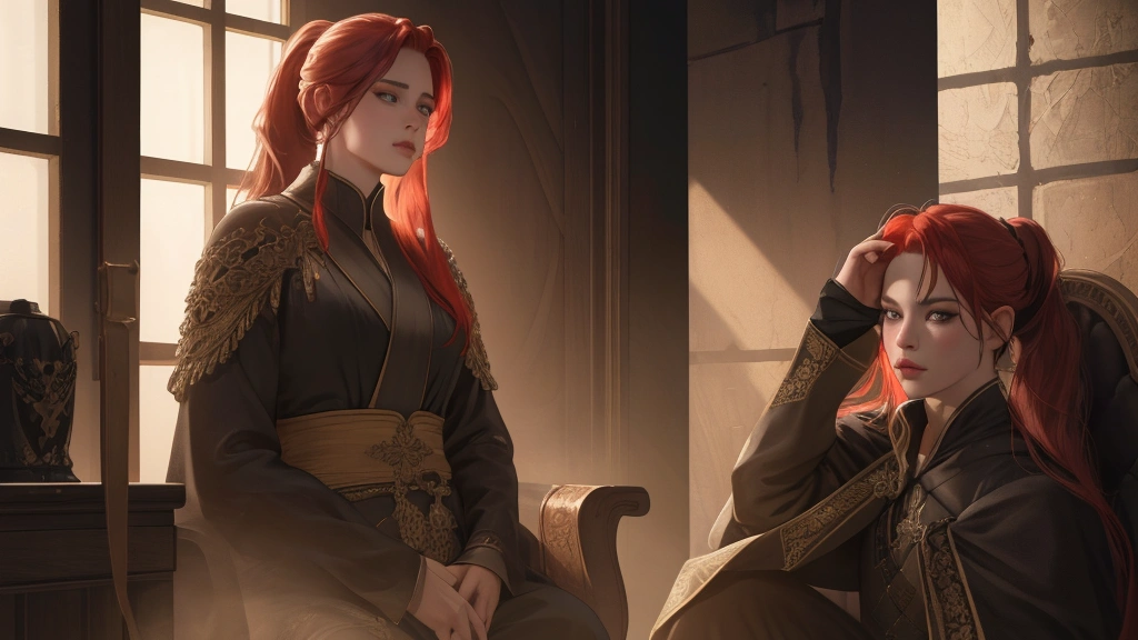 A man with long yellow hair in a black ancient costume, a woman with red hair in a ponytail sitting on a throne
(best quality,4k,8k,highres,masterpiece:1.2),ultra-detailed,(realistic,photorealistic,photo-realistic:1.37),highly detailed face and body, beautiful eyes, beautiful lips, detailed clothing, intricate background, dramatic lighting,medieval fantasy,epic,cinematic,moody,dramatic,warm colors