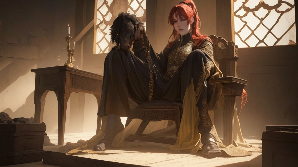 A man with long yellow hair in a black ancient costume, a woman with red hair in a ponytail sitting on a throne

(best quality,4k,8k,highres,masterpiece:1.2),ultra-detailed,(realistic,photorealistic,photo-realistic:1.37),highly detailed face and body, beautiful eyes, beautiful lips, detailed clothing, intricate background, dramatic lighting,medieval fantasy,epic,cinematic,moody,dramatic,warm colors