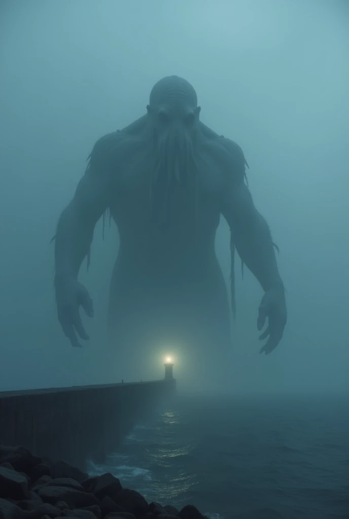 The monster of Cthulhu, completely obscured by the thick fog on the distant sea，The light of the lighthouse shone toward it