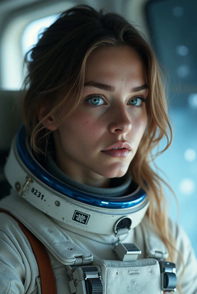 female astronaut j0rd7nj0n3s  in space, beautiful face, realistic photo, (portrait), [smoke], [haze], natural lighting, shallow depth of field, photographed on a Canon EOS-1D X Mark III, 50mm lens, F/2.8, (intricately detailed, hyperdetailed), ((RAW color)), sharp focus, HDR, 4k resolution, Cinematic film