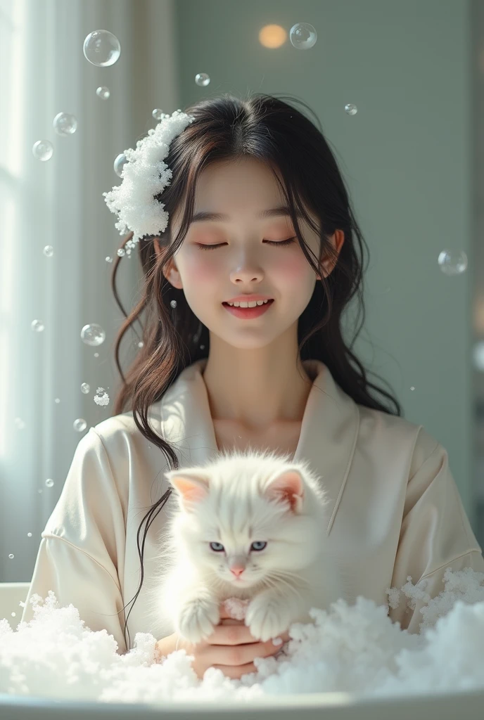 Create an Asian beauty with long hair，Regular facial features，Wearing a white satin bathrobe，Washing hair with both hands above the head，A cute white kitten next to it plays with the foam，Real bubbles，Foam envelops the beauty's entire head，Beautiful girl opens her eyes，The expression is happy，Upper Body，The characters are realistic and realistic，Bathroom Background，Character front position，9:16 frames，Ultra-high-definition picture quality