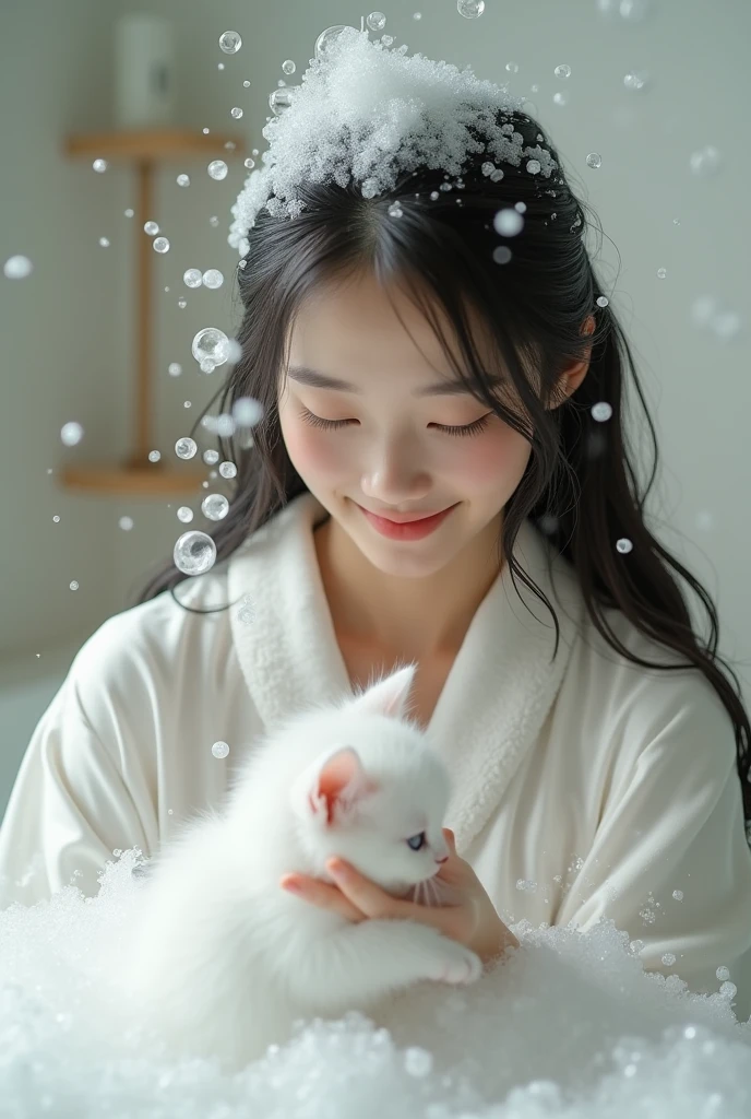 Create an Asian beauty with long hair,Regular facial features,Wearing a white satin bathrobe,Washing hair with both hands above the head,A cute white kitten next to it plays with the foam,Real bubbles,Foam envelops the beauty's entire head,Beautiful girl opens her eyes,The expression is happy,Upper Body,The characters are realistic and realistic,Bathroom Background,Character front position,9:16 frames,Ultra-high-definition picture quality