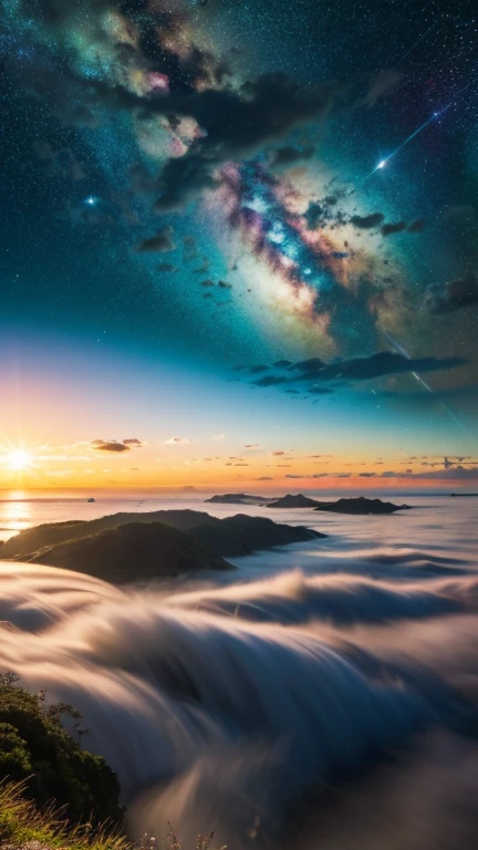 Fantasy、another world、Starry Sky、3 months、Two Saturns、shooting star、milky way、Multicolored clouds、another world、Expansive ocean、Big waterfall、Countless islands floating in the sky々、Vast views、Wide-angle lens、A view looking down from a high hill. Realistic blurred background. 4K Full HD 60 FPS、Realistic lighting,Super large spaceship