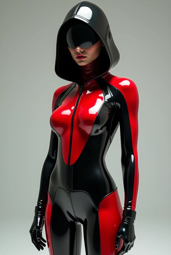 girl in black and red latex jumpsuit with a hood
