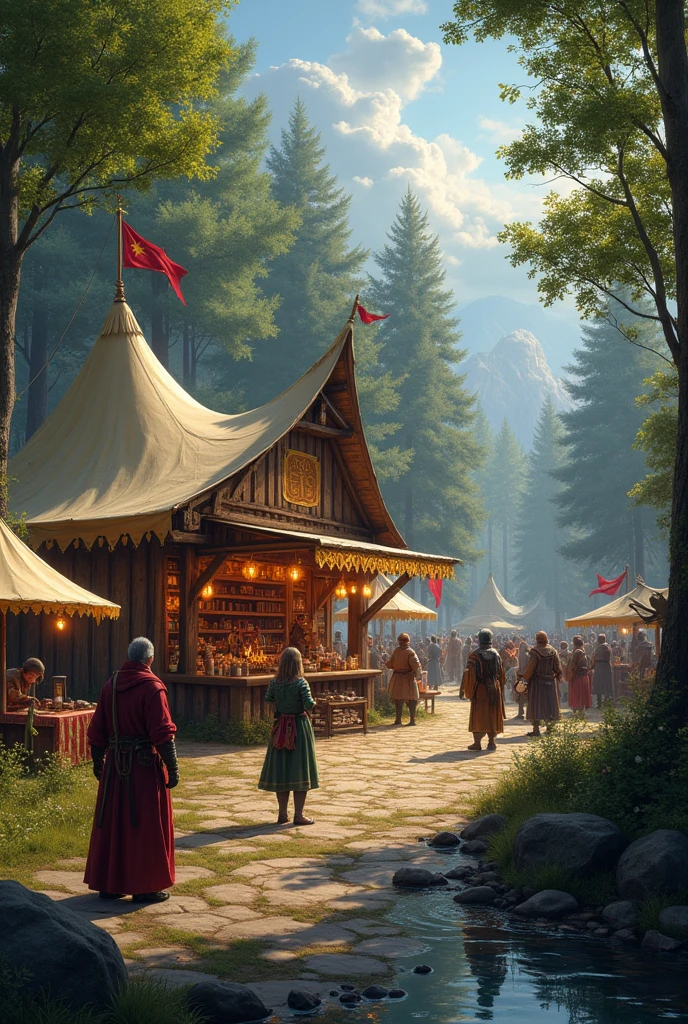 camping camp with booth table, cosplay event, medieval fair