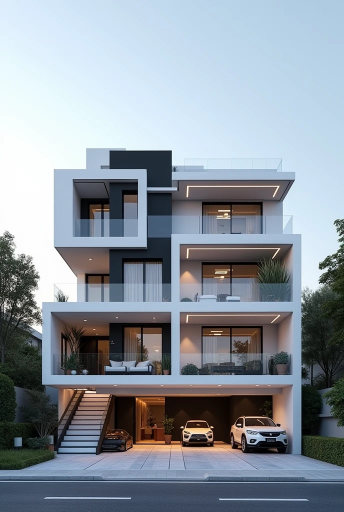 Make a house that look like a 5 star hotel, modern style mix with Europe style, color white and a little bit black .(Big house, 10 rooms+, the house must have lobby, Deck, 4-5 floors , With car park for 10 car)