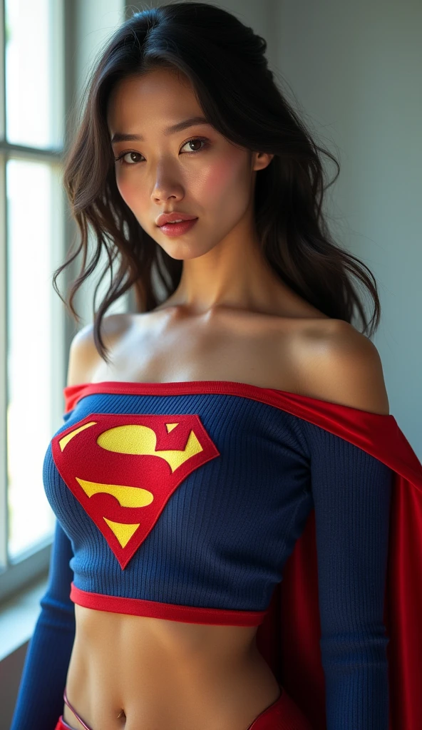 Hot Asian woman, Supergirl otufit,((best quality)), ((masterpiece)), (detailed), 1girl, off-shoulder sweater, 