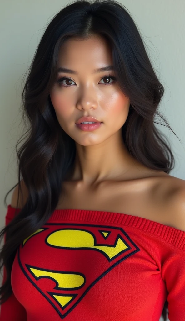 Hot Asian woman, Supergirl otufit,((best quality)), ((masterpiece)), (detailed), 1girl, off-shoulder sweater, 