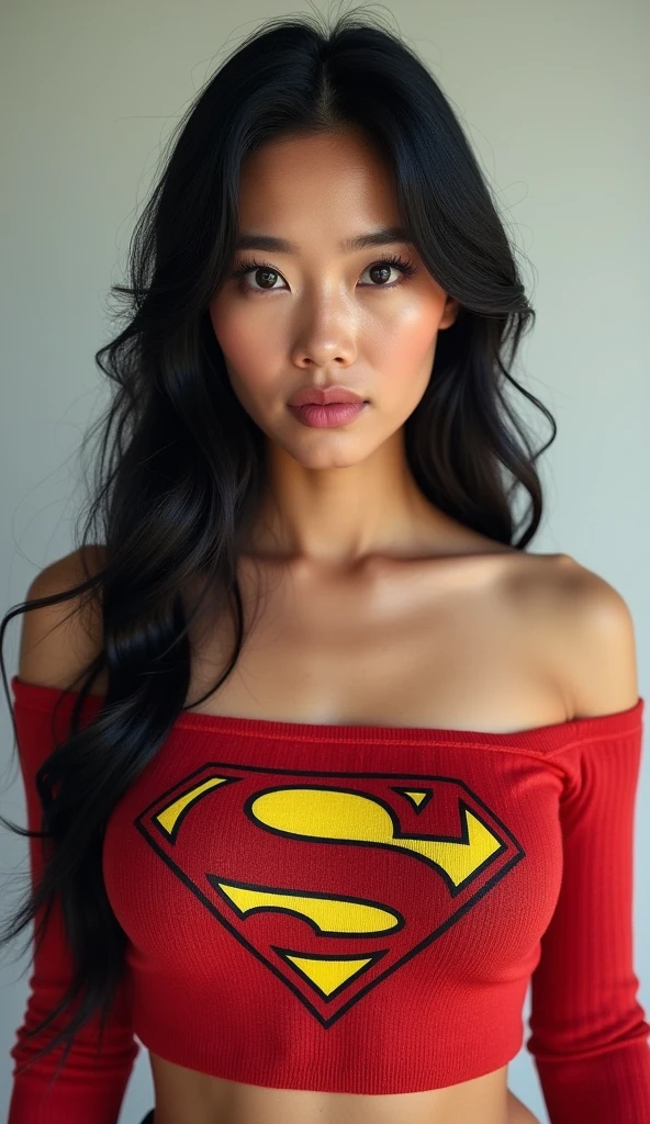 Hot Asian woman, Supergirl otufit,((best quality)), ((masterpiece)), (detailed), 1girl, off-shoulder sweater, 