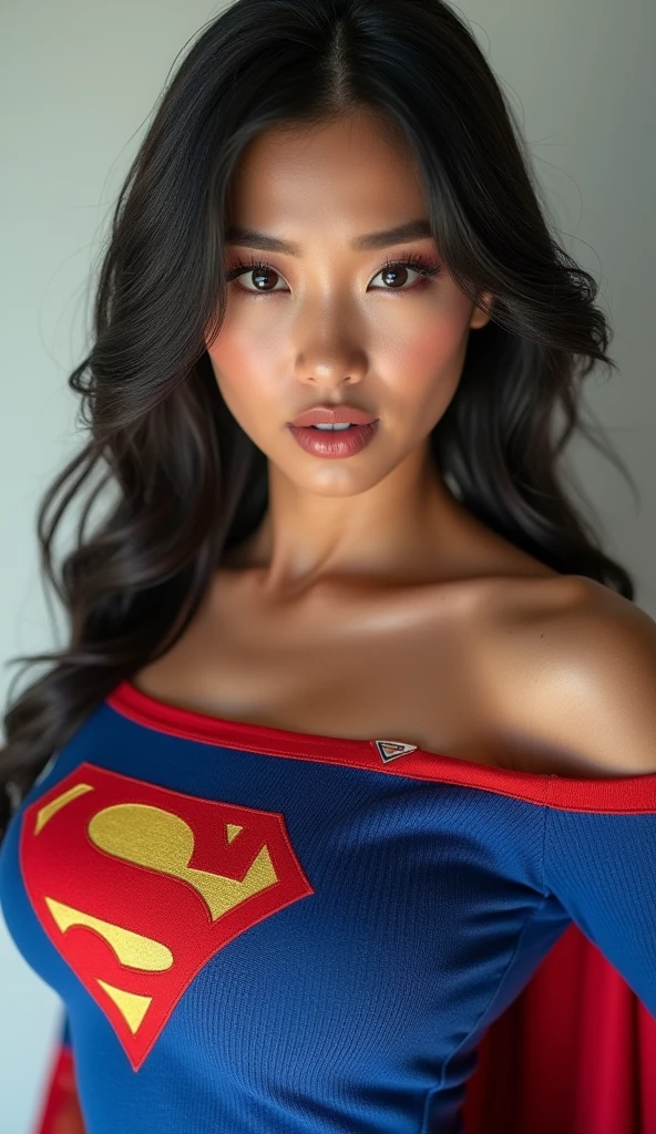 Hot Asian woman, Supergirl otufit,((best quality)), ((masterpiece)), (detailed), 1girl, off-shoulder sweater,