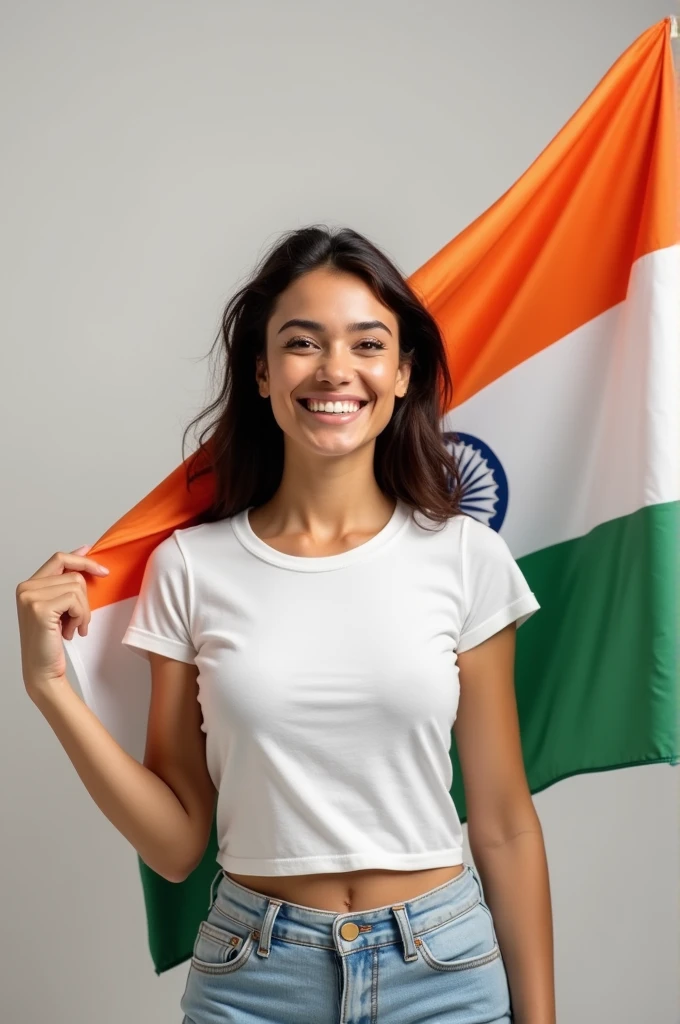 A happy woman in white t shirt showing her cleavage holding Indian flag