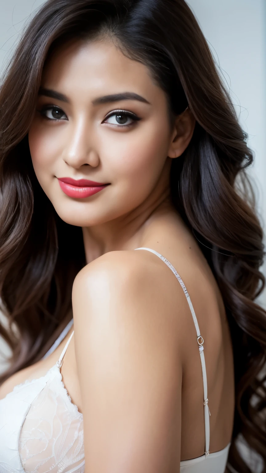 White bra, highest quality, Realistic, Very detailed, In detail, High resolution, 8k wallpaper, One beautiful woman,, Light brown messy hair, g-string, Sharp focus, Perfect dynamic composition, Beautiful fine details, Fine hair, Detailed and realistic skin texture, smile, Close-up portrait, Model Body Type, red lipstick, sensual Lipstick , halbody, girl in centre