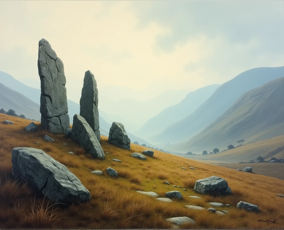 Peak District, stones, rocks, haze, mist, diffusion light, bright, oil painting , Turner style