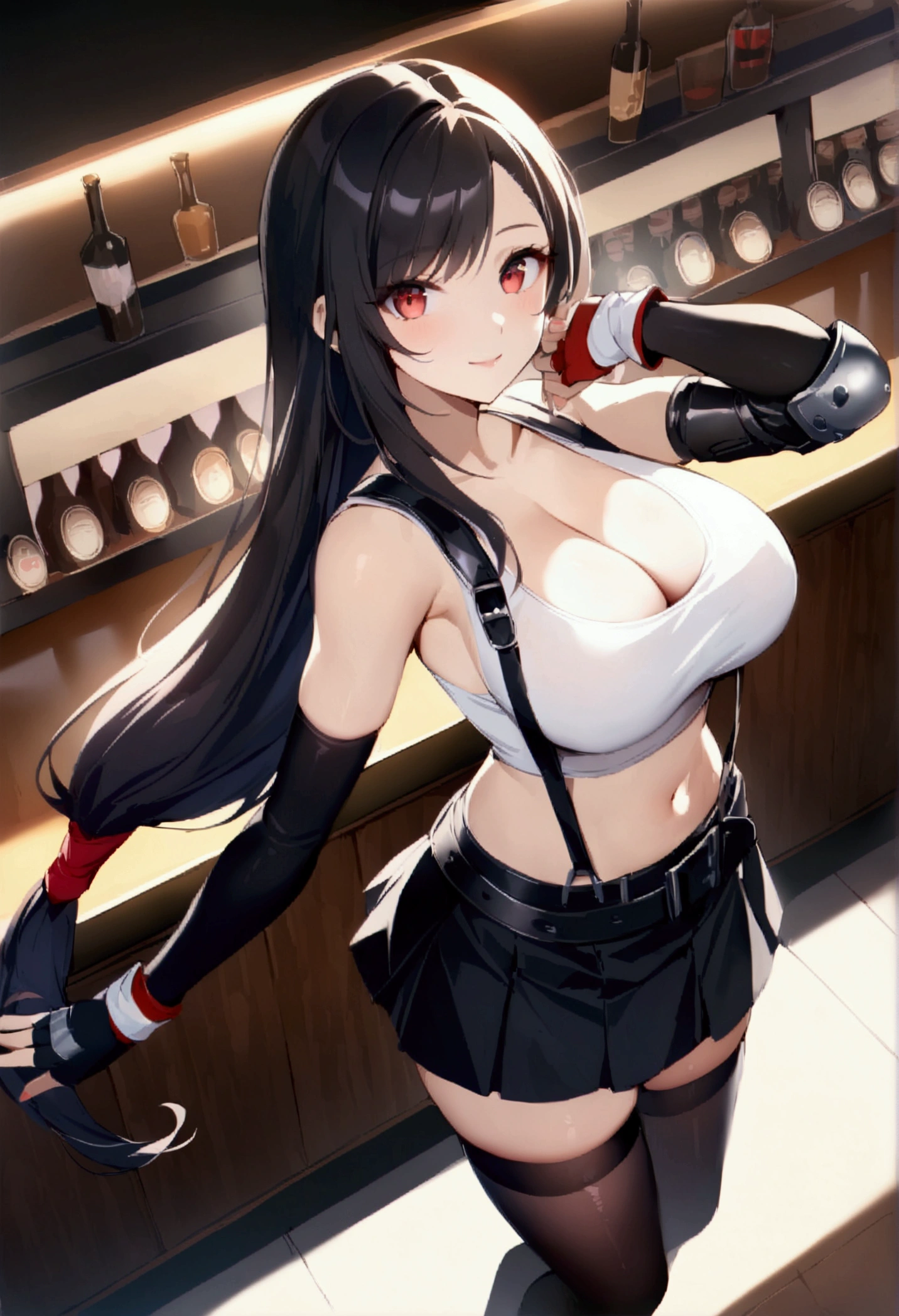 (score_9, score_8_up, score_7_up), BREAK (masterpeace),(best quality),(aesthetic,very aesthetic),(highly detailed),1girl, tifa lockhart, final fantasy,(beautiful). black hair, low-tied long hair, red eyes, bangs, white tank top, belt, pleated skirt, thighhighs, elbow fingerless gloves, elbow pads, midriff, navel,suspender skirt.zettai ryouiki,(big_breasts),Solo,upperbody,looking at viewer, vibrant, joyful,cafe and bar,,Showcasing cleavage ,counter,,fullbody,dynamic angle,standing,professional lighting,cinematic lighting,