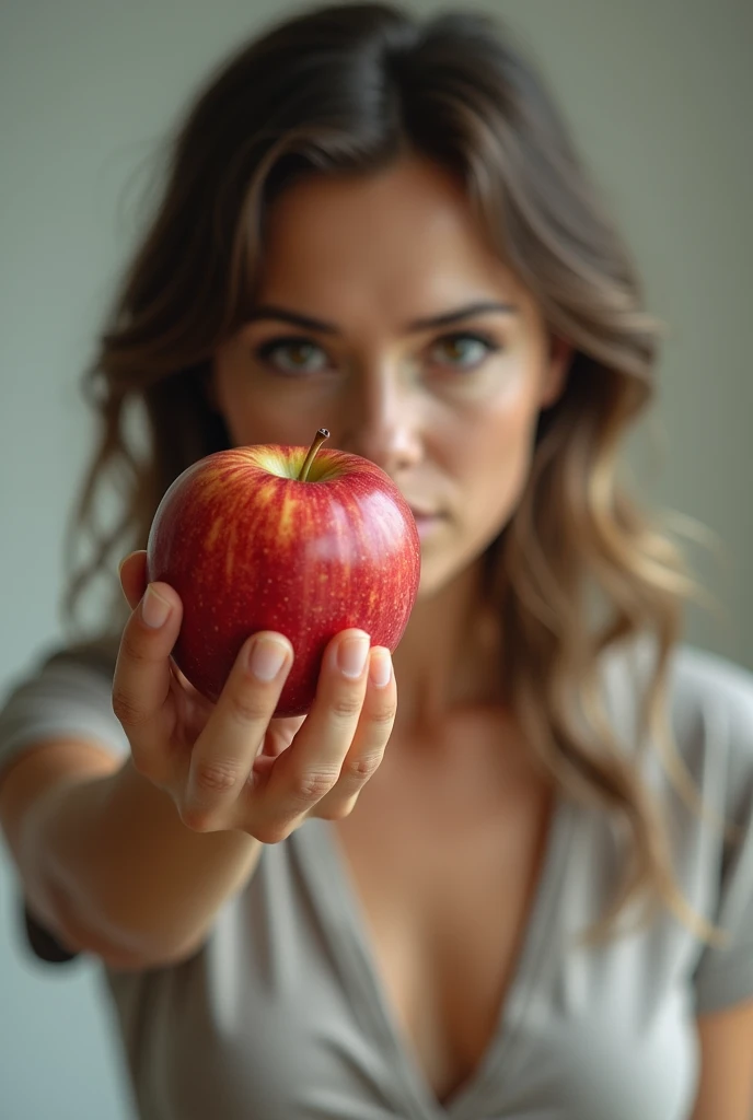 A woman took an apple in one hand and squeezed it