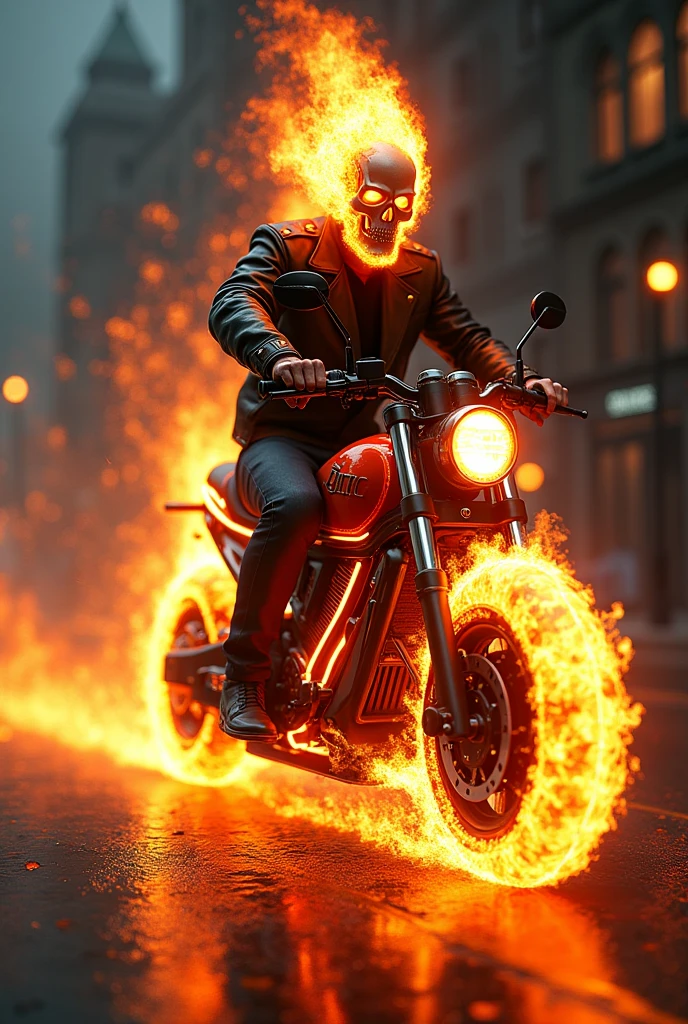 Marvel ghost rider on a fire-engulfed electric scooter, supernatural lighting, cinematic composition, vibrant colors, dramatic chiaroscuro lighting, highly detailed, 8k, photo-realistic, unreal engine, dark fantasy art