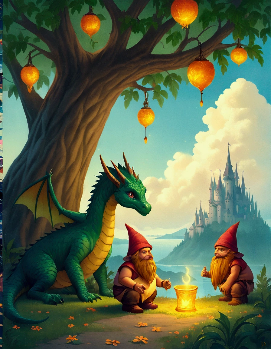 There were two dwarfs sitting under a tree，There is a dragon next to it, Fantasy RPG Book Illustrations, Fantasy Book Cover Painting, Fantasy colors, Fantasy Book Illustration, Fantasy drawings for kids, digesting a small dragon, inspired by Brothers Hildebrandt, detailed fantasy illustrations, realistic fantasy illustrations, Inspired by Tim and Greg Hildebrandt, fantasy illustrations, Full color illustrations, Fantasy art style