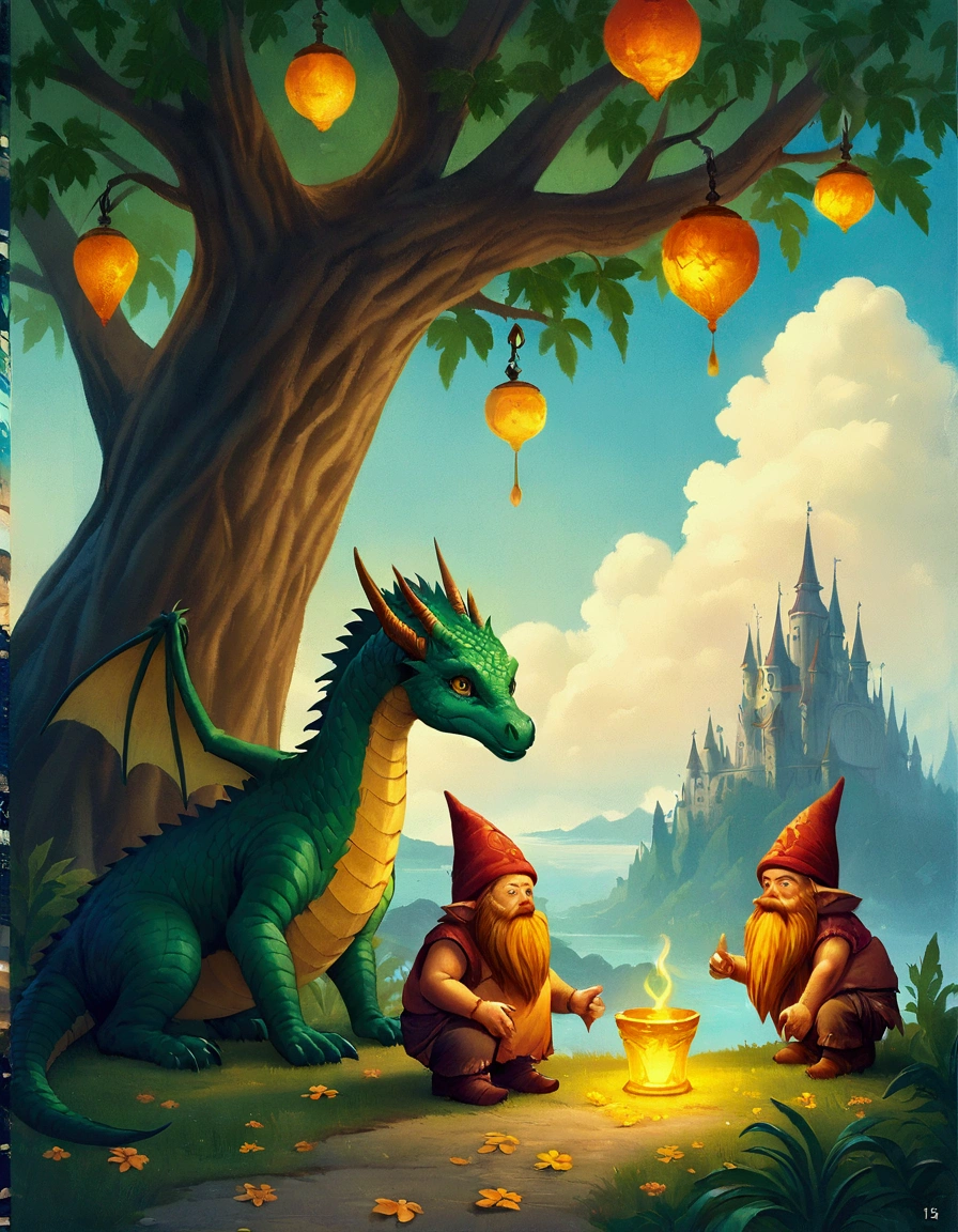 There were two dwarfs sitting under a tree,There is a dragon next to it, Fantasy RPG Book Illustrations, Fantasy Book Cover Painting, Fantasy colors, Fantasy Book Illustration, Fantasy drawings for kids, digesting a small dragon, inspired by Brothers Hildebrandt, detailed fantasy illustrations, realistic fantasy illustrations, Inspired by Tim and Greg Hildebrandt, fantasy illustrations, Full color illustrations, Fantasy art style