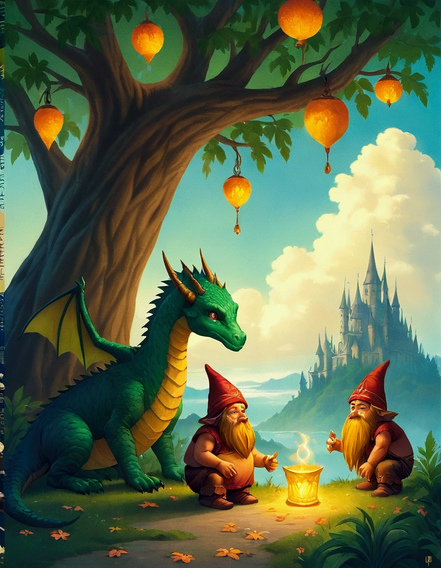 There were two dwarfs sitting under a tree，There is a dragon next to it, Fantasy RPG Book Illustrations, Fantasy Book Cover Painting, Fantasy colors, Fantasy Book Illustration, Fantasy drawings for kids, digesting a small dragon, inspired by Brothers Hildebrandt, detailed fantasy illustrations, realistic fantasy illustrations, Inspired by Tim and Greg Hildebrandt, fantasy illustrations, Full color illustrations, Fantasy art style
