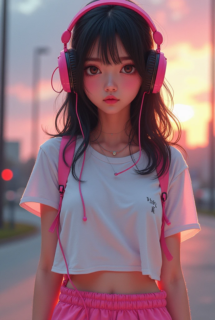 masterpiece, high quality, 4K, Beautiful design, (from the front),Award-winning photo, Very detailed, ((small breasts:1.5)),wonderful, The finer details, absurdes, Very detailed woman,Pink makeup, (Skater Fashion),(Short length T-shirt),Loose pants style,(Skater Fashion with Headphones),Hyperrealistic paintings inspired by Yanjun Chen, instagramart, digital art,Pop Makeup Style, ig model | ArtJam,Very beautiful and cute teenage girl, Surreal Teen, A face like Ester Exposito,(A rich expression:1.5),
