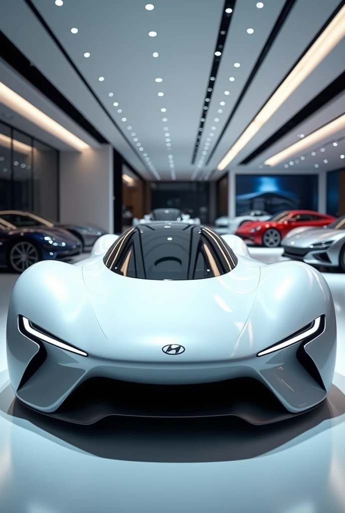 a white car is parked in a showroom with other cars, concept car, cinematic front shot, futuristic concept car, concept automobile design, concept car design, 3 d render of an aston martin, bmw and mercedes concept cars, futuristic car concept, front perspective, luxury hd render, futuristic product car shot, high quality rendering, sports car in the room, Hyundai Grandeur