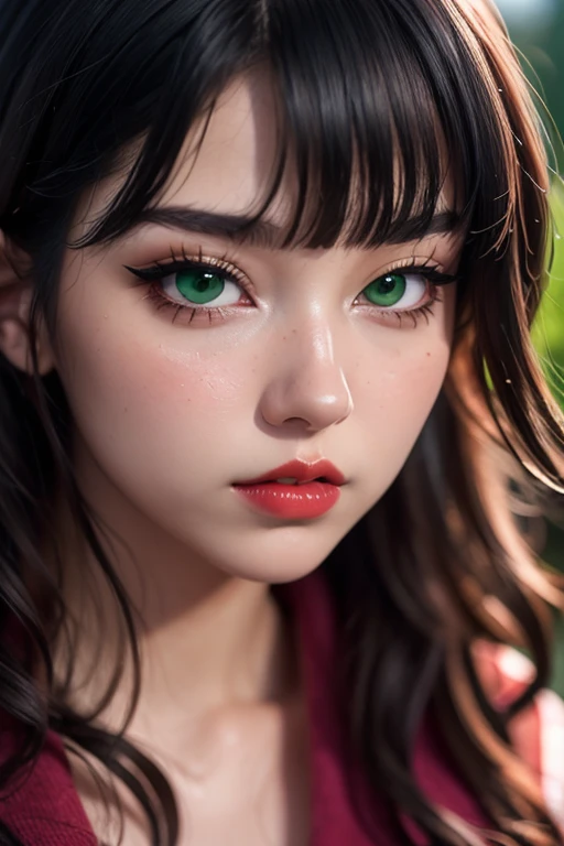i want the whole image to be created in 3D anime style, solo, long hair, looking at viewer, bangs, black hair, 1 female, closed mouth, green eyes, female focus, pink wavy and long hair,red lips, eyelashes, portrait, close-up