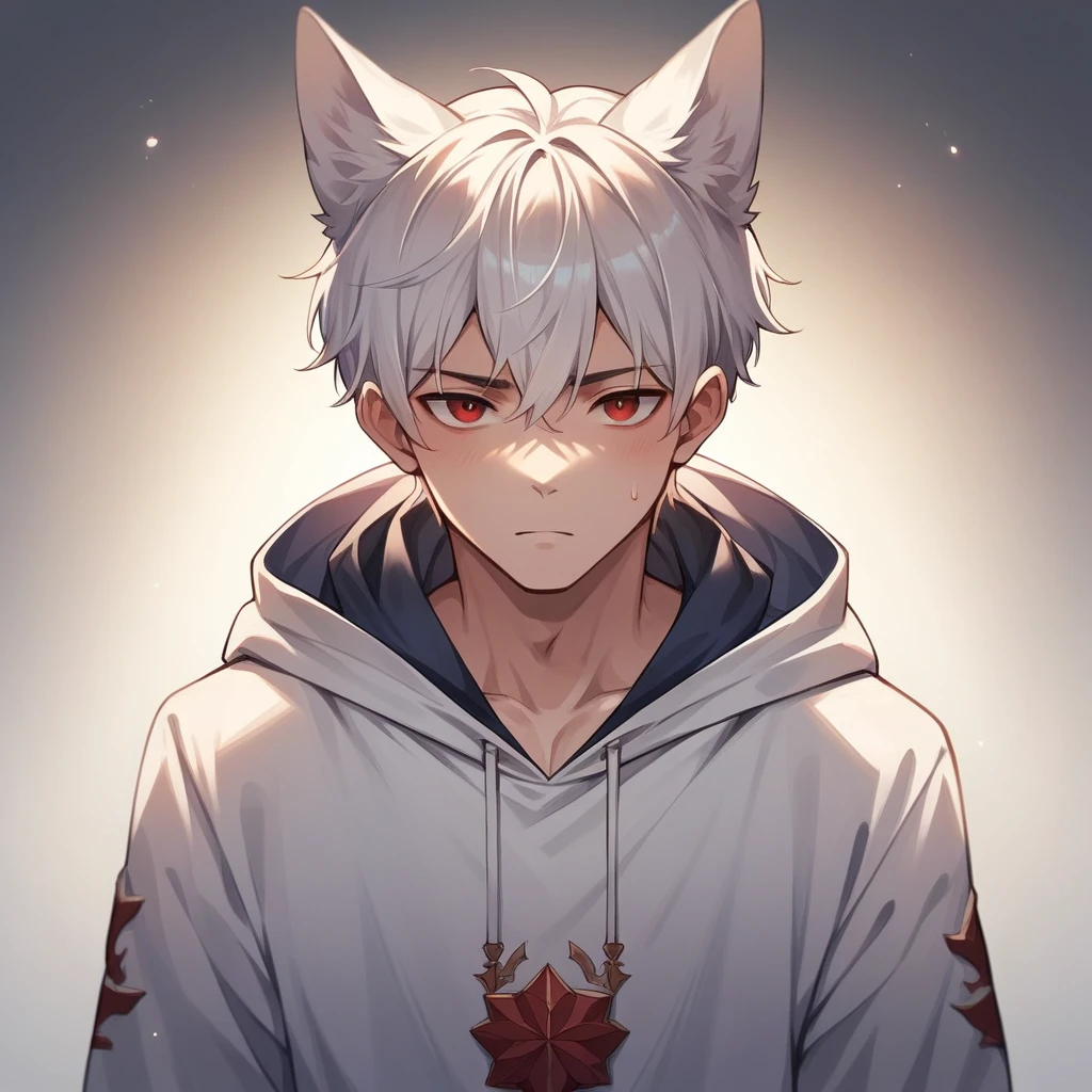 ((Best quality)), ((masterpiece)), (detailed) 1boy, Short white hair, Red eyes, Fox ears, Blue and white hoodie, Full view.