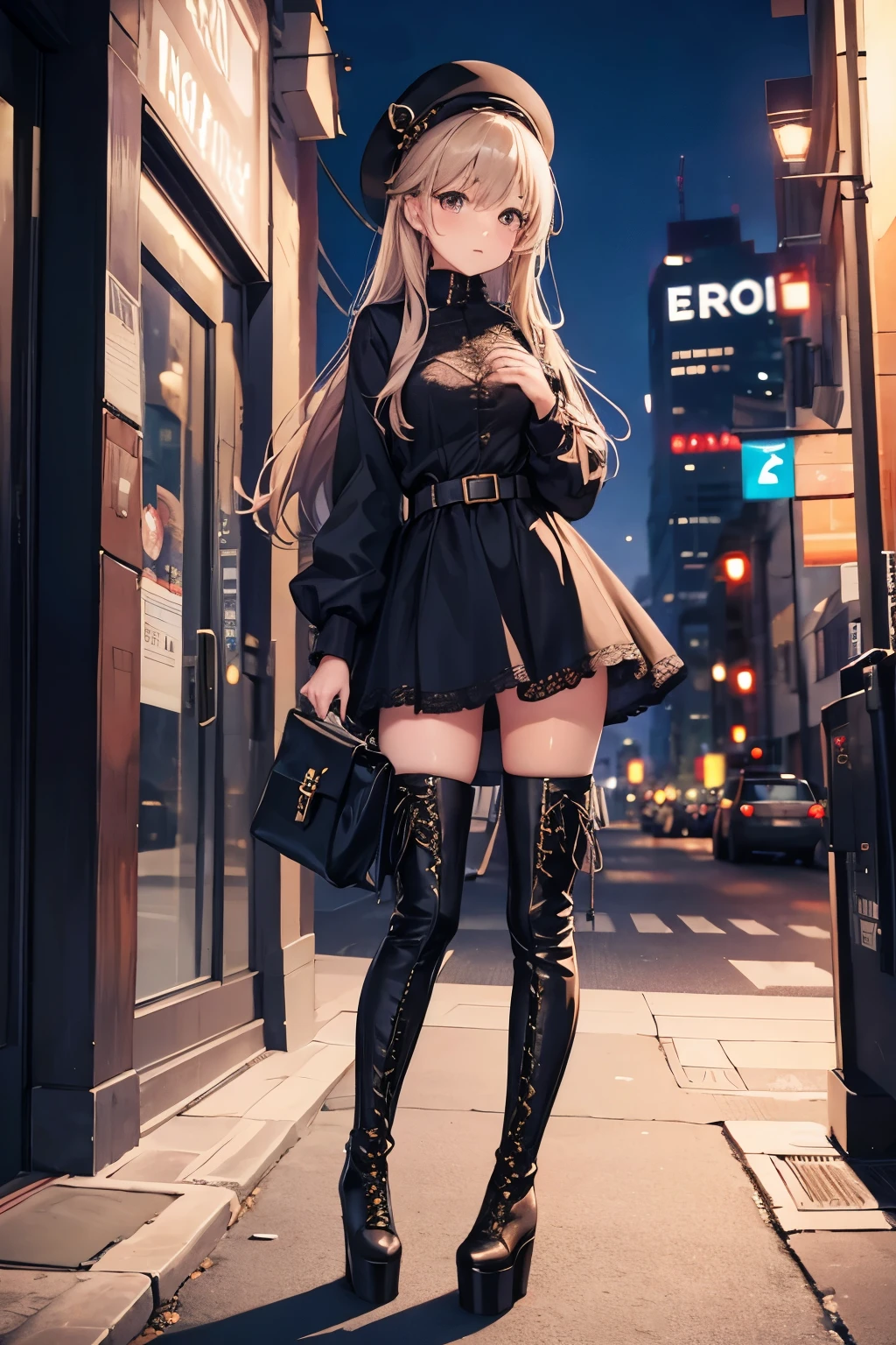 girl, thigh high boots, platform boots, lace up boots, city, standing