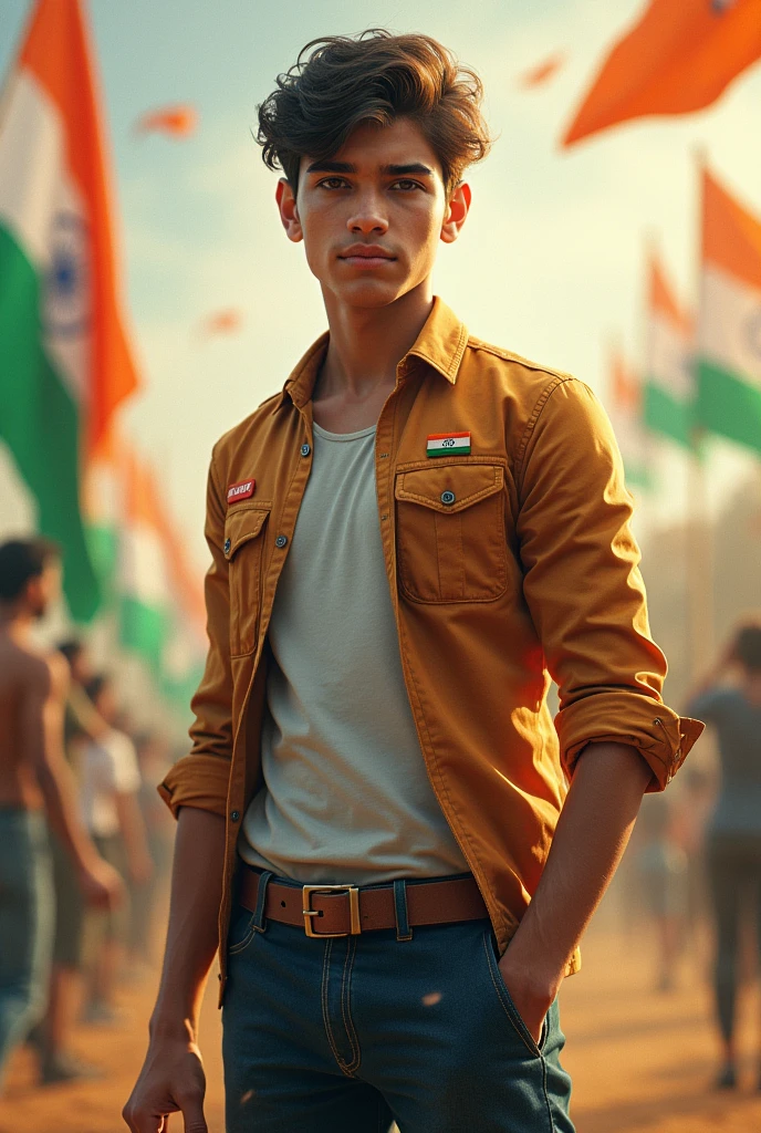 Ek teen age boy ka image banao jo pichhe ho kar khada ho aur jo achcha kapda pahna rahe aur us par vikash likha ho aur independence day wala background jaisa ho