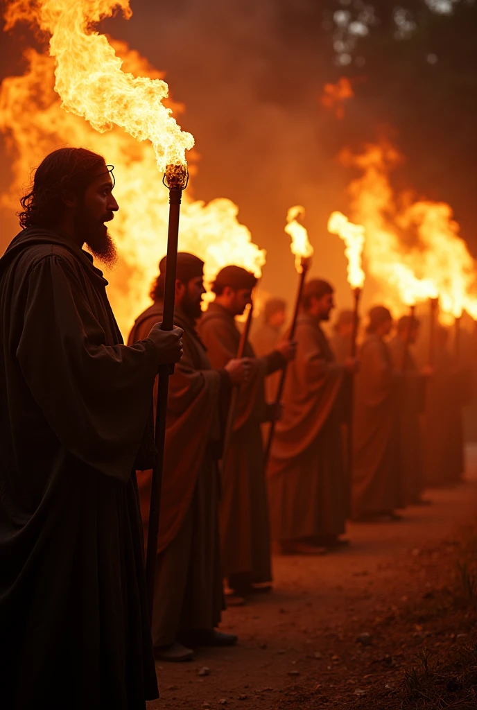 Medium plan.Torches. historically accurate Spanish priests 1400's, 8k, wide shot, cinematic composition, volumetric light, high detail, 8k, hdr, realistic, photography, angry and violent men, sunlight, cinematic, photorealistic, cinematic lighting, cinematic filter, sharp focus, teaching Naive Americans Christianity