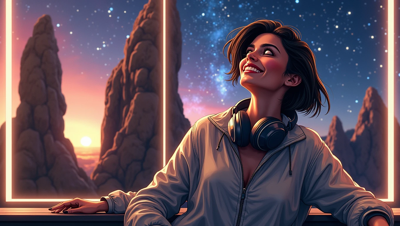 ((best quality)) , ((masterpiece)) , (detailed) , portrait, behance,close up of a slender (indian women:1.2) of Happiness with Supernova skin, French crop hair, Headphones, European mountains, Stars in the sky, horizon-centered, Screen print, Flustered, Suprematism, spotlit, Depth of field 100mm, Film grain, matte, MOBA style, absurdres, Concept Art World, 8k resolution