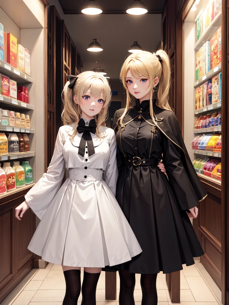 (Ultra extreme detailed),(Masterpiece),(Ultra extreme),(Realistic),CG,(color:1.2), Strong lighting,Light from behind,evaluation:Safety,One blonde, one alone., black,Blonde ponytail,Twin tails、short hair,length hair,blue eyes,white_gloves,garter_strap,absolute_ryouiki,Pleats_skirt,white_skirt,blackcolorストーキング,expensive_Heel,white shrite,length_sleeve,black_Cape,short_whiteいメイド服、Inside the store