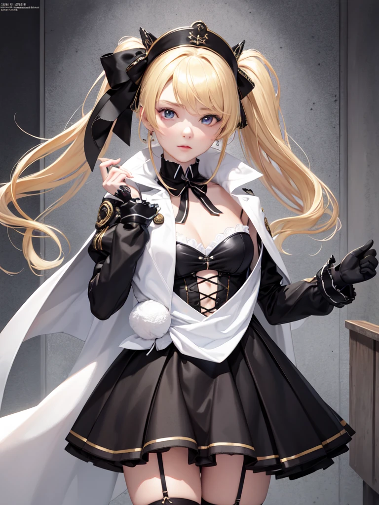 (Ultra extreme detailed),(Masterpiece),(Ultra extreme),(Realistic),CG,(color:1.2), Strong lighting,Light from behind,evaluation:Safety,One blonde, one alone., black,Blonde ponytail,Twin tails、short hair,length hair,blue eyes,white_gloves,garter_strap,absolute_ryouiki,Pleats_skirt,white_skirt,blackcolorストーキング,expensive_Heel,white shrite,length_sleeve,black_Cape,short_whiteいメイド服、Inside the store