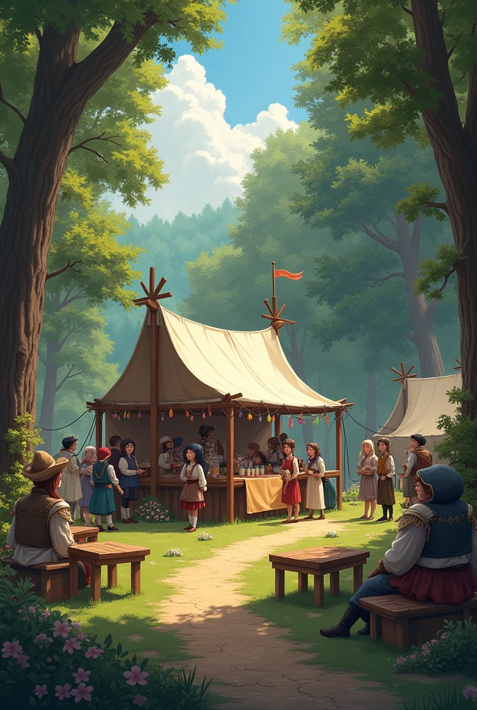 small camping camp with booth table, cosplay event, medieval fair