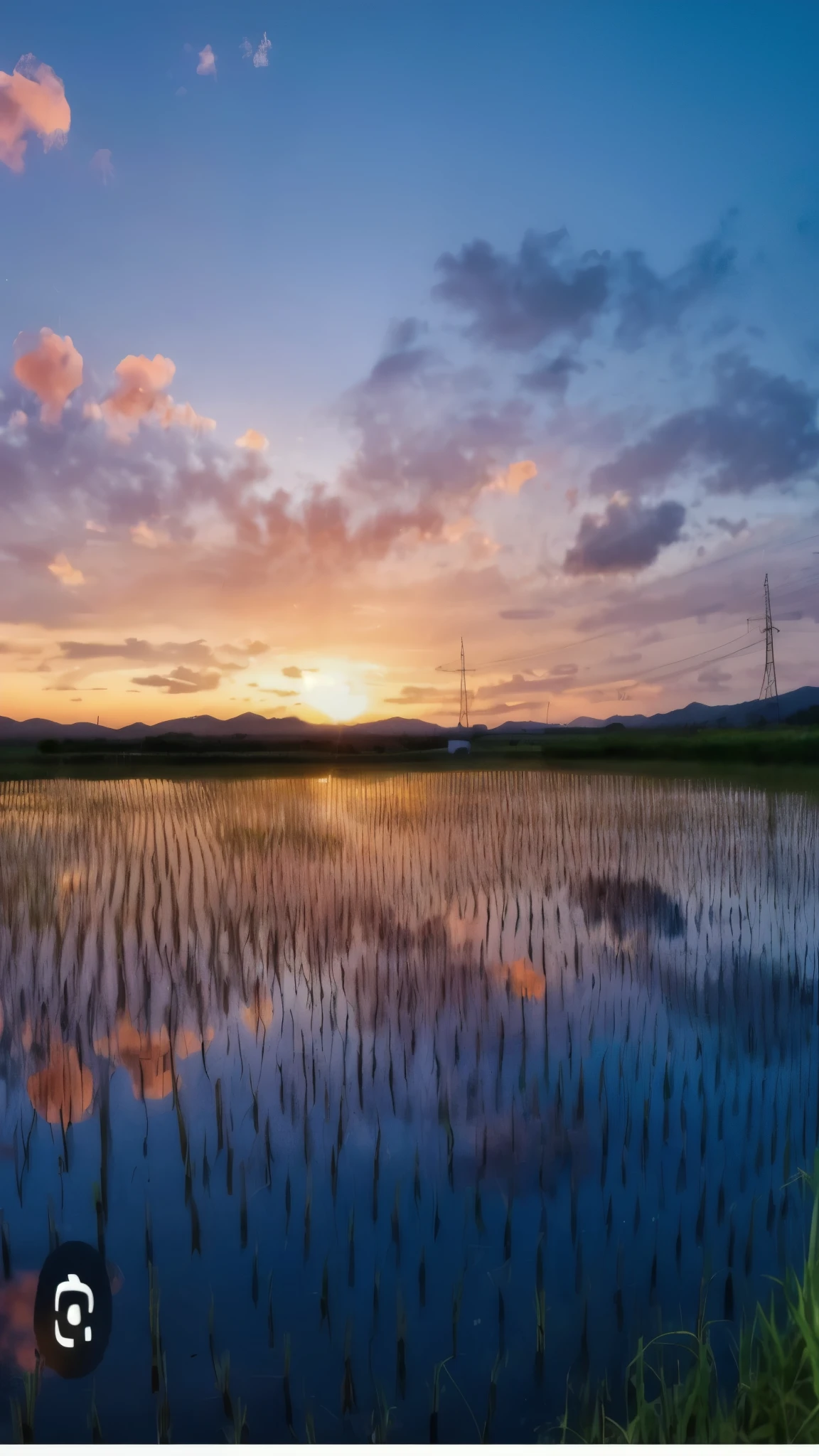 peaceful rural landscape at sunset, featuring a vast rice field with young green shoots emerging from the water. The sky is a gradient of warm oranges and pinks near the horizon, transitioning to deeper blues as it extends upwards. Fluffy clouds are scattered across the sky, some of which are reflected on the water’s surface, adding to the serene ambiance. In the distance, mountains form a natural barrier, with power lines and transmission towers stretching across the horizon, subtly blending modern elements with the natural setting. The perspective is from a low angle, emphasizing the symmetry of the rows of rice plants and their reflection in the water. The lighting is soft and natural, with the setting sun casting a golden glow across the landscape, enhancing the calm and tranquil atmosphere.